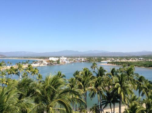 a view of the beach and palm trees at Grand Isla Navidad Golf & Spa Resort with Marina in Barra de Navidad