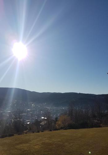 un soleil rayonnant sur un champ verdoyant avec une ville dans l'établissement LES DRYADES Vue montagne, à Gérardmer