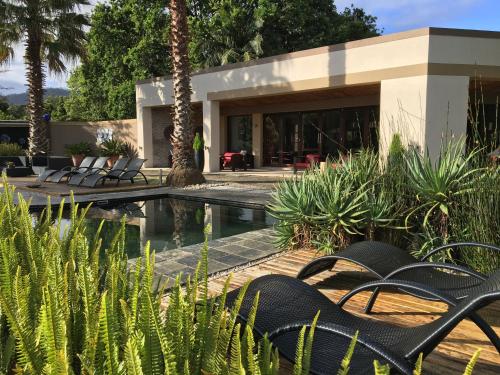 a house with a pool with chairs and palm trees at Lily Pond Country Lodge in The Crags