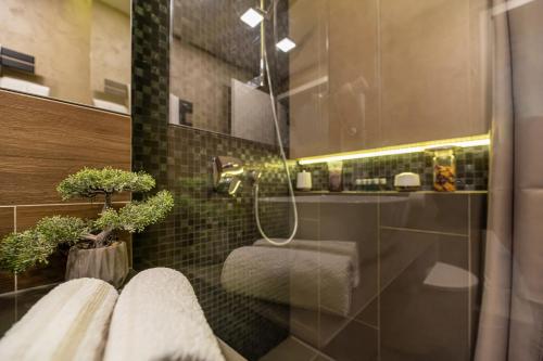 a bathroom with a shower with a glass door at The Wolf Residence in Braşov