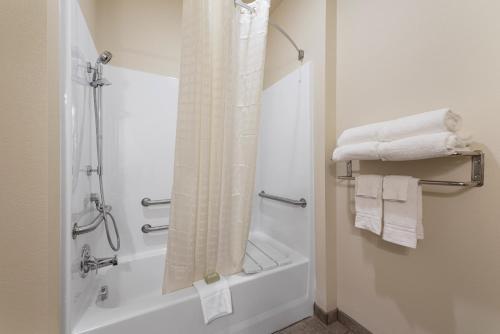 a bathroom with a shower with a shower curtain at Cobblestone Hotel & Suites - Two Rivers in Two Rivers