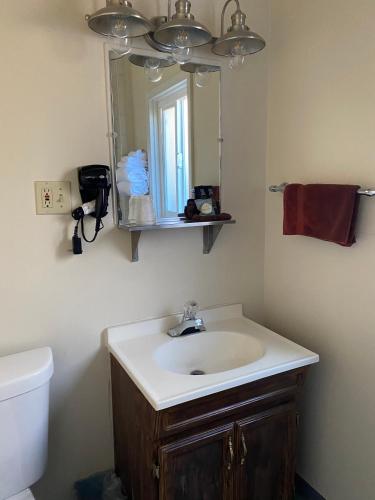 a bathroom with a sink and a mirror and a toilet at Monte Bianco Inn in Mount Shasta