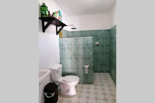 baño con aseo y pared de azulejos verdes en Maruchita's room en Bacalar
