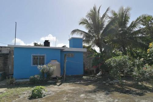 a blue house with a palm tree in front of it at Maruchita's room in Bacalar