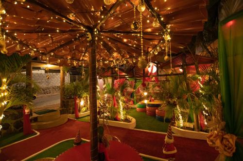 an umbrella in a room with plants and lights at Hostal Gosén in Puerto Baquerizo Moreno