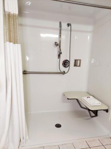 a bathroom with a shower with a shower curtain at Baymont by Wyndham Portage in Portage