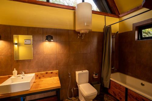 La salle de bains est pourvue d'un lavabo et de toilettes. dans l'établissement Shamba lodge cabins, à Arusha