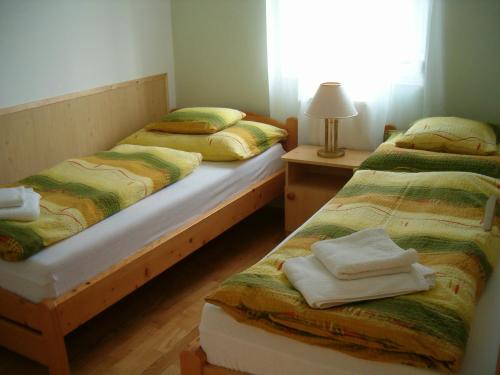 ヘーヴィーズにあるMadách Apartmanのベッド2台が隣同士に設置された部屋です。