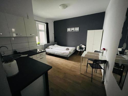 Kleines Zimmer mit einer Küche und einem Bett in der Unterkunft eM Apartment 6 in Kattowitz