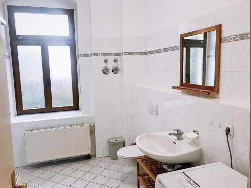 een witte badkamer met een wastafel en een toilet bij Familienfreundliches Apartment im Zentrum für Geschäftsreisen und privat in Dresden