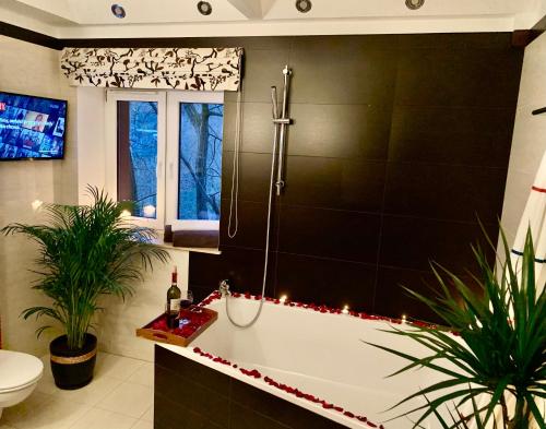 ein Badezimmer mit Badewanne und Weihnachtsbeleuchtung in der Unterkunft Słupsk forest PREMIUM LOVE APARTAMENT M5 - Kaszubska street 18 - Wifi Netflix Smart TV50 - double bathtub - up to 4 people full - pleasure quality stay in Słupsk