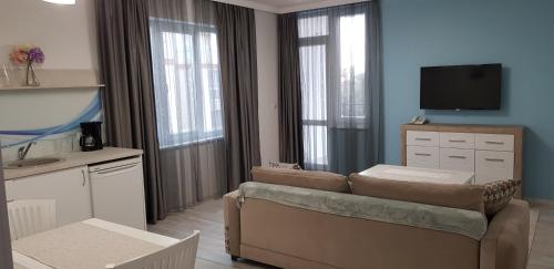 a living room with a couch and a flat screen tv at Aparthotel Olympus Plaza - SPA & Indoor Pool in Kranevo