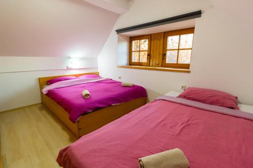 duas camas num quarto com lençóis cor-de-rosa e uma janela em Sunny apartment em Moravske Toplice