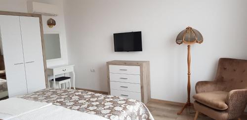 a bedroom with a bed and a chair and a television at Aparthotel Olympus Plaza - SPA & Indoor Pool in Kranevo