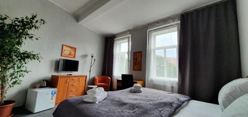a bedroom with a bed and a large window at Saraya Wellness & Penzion in Teplice