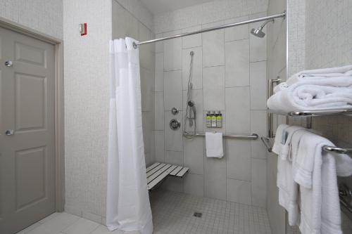 a bathroom with a shower with a shower curtain at Holiday Inn Express Grand Rapids Southwest by IHG in Grandville