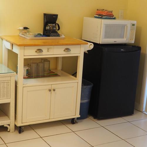 a microwave sitting on top of a table next to a refrigerator at The Green Iguana Hotel in Charlotte Amalie