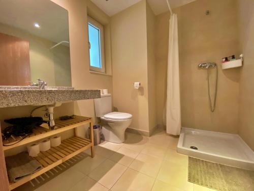 La salle de bains est pourvue d'un lavabo, de toilettes et d'une douche. dans l'établissement Ribasol 645, apartamento hasta 4 personas, Arinsal, à Arinsal