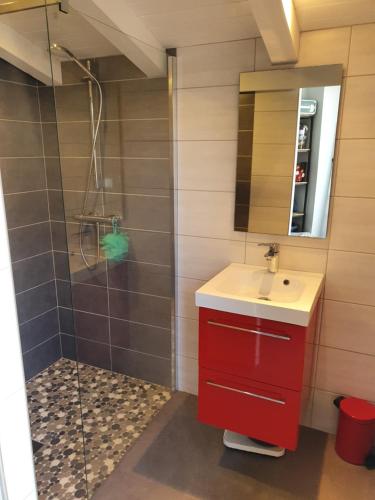 a bathroom with a red sink and a shower at Appartement le Pas Sage du Marché La Flotte in La Flotte