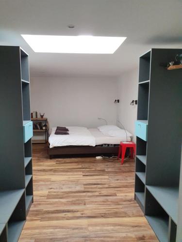 Appartement le Pas Sage du Marché La Flotte في مدينة لا فلوت: غرفة بسرير في غرفة ارفف