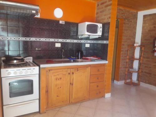 a kitchen with a stove and a microwave at Las Hermanas in Las Grutas