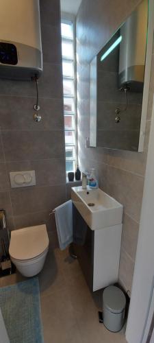 a bathroom with a sink and a toilet and a mirror at Holiday home Velebit in Nin