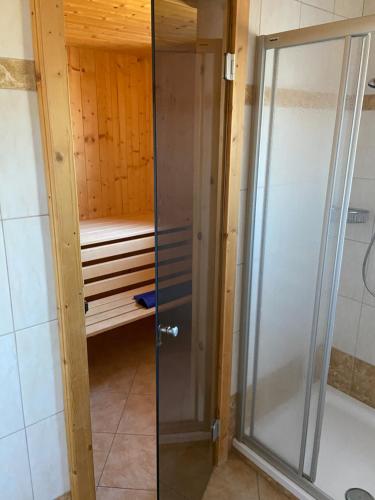 y baño con ducha y puerta de cristal. en Wilderer Alm Chalet Katschberg, en Katschberghöhe