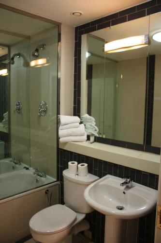 a bathroom with a toilet and a sink and a mirror at Jackson Court Hotel in Dublin