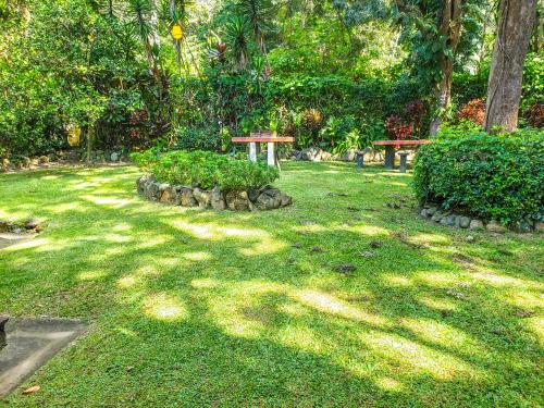 a park with two benches sitting in the grass at Hotel San Buenaventura de Atitlán in Panajachel