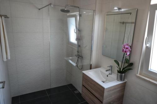 a bathroom with a shower and a sink and a mirror at Olive Tree House in Ferrel