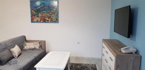 a living room with a couch and a phone at Aparthotel Olympus Plaza - SPA & Indoor Pool in Kranevo
