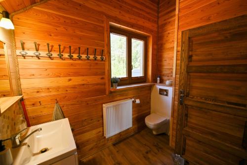 a bathroom with wooden walls and a toilet and a window at SPYCHOWSKA CHATA in Spychowo