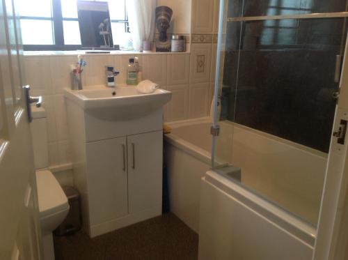 a bathroom with a sink and a shower at Jen's Friendly Place in Dudley
