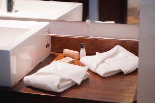 two towels on a counter next to a sink at Casa Eva Hotel Boutique & Spa in Cholula