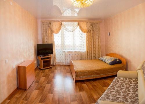a bedroom with a bed and a television and a window at Dekabrist Apartment on Proezzhaya 25 in Chita