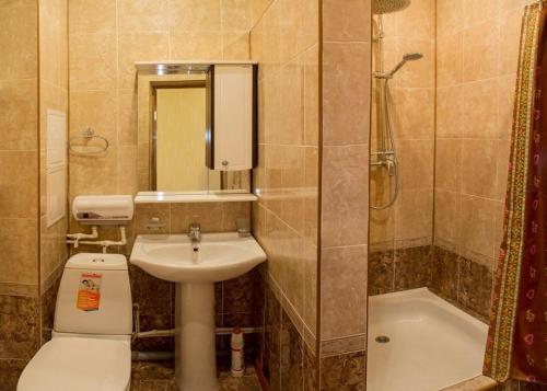 a bathroom with a sink and a toilet and a shower at Dekabrist Apartment on Proezzhaya 25 in Chita