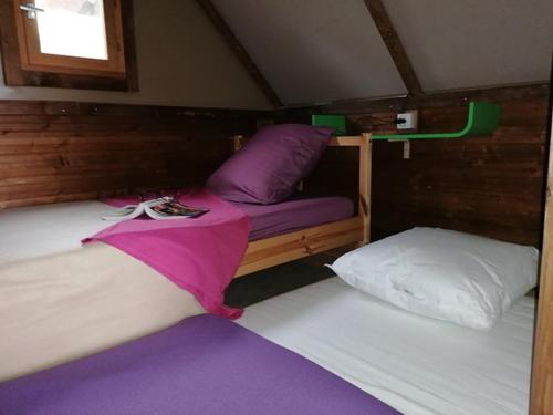 two beds in a room with purple and white at Domaine QUIESCIS in Marcellus