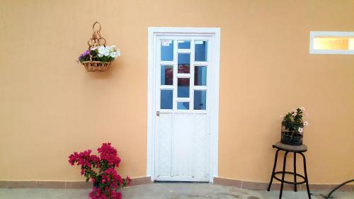 a door with a basket of flowers next to a wall at Hospedaje Tolantongo in Cardonal