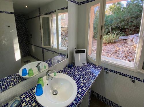 baño con lavabo y ventana en Lavandaline en Entrecasteaux