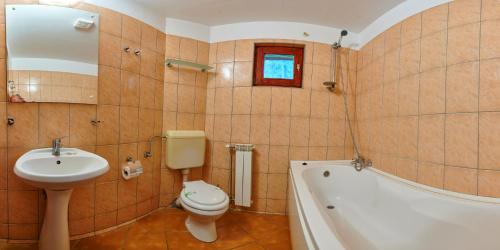 y baño con lavabo, aseo y bañera. en Pensiunea Panorama Elcomex, en Băile Tuşnad