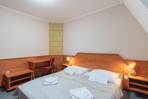 a hotel room with a bed and a desk and a desk at Delanta Panzio in Pécs