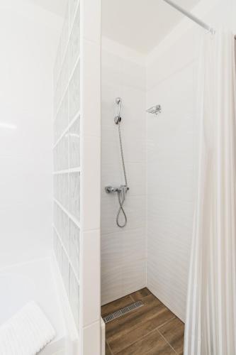 a shower with a shower curtain in a bathroom at Delanta Panzio in Pécs