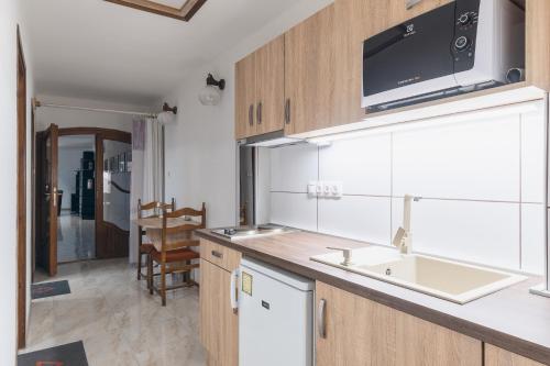 a kitchen with a sink and a microwave at Delanta Panzio in Pécs