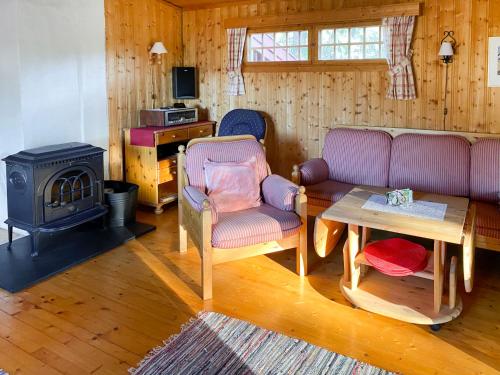 ein Wohnzimmer mit einem Sofa und einem Herd in der Unterkunft Chalet Holmestua - SOO398 by Interhome in Arendal