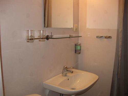 a bathroom with a sink and a mirror and a toilet at Hotell Samegård in Kiruna