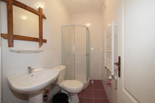 a bathroom with a sink and a toilet and a shower at Casa Oana in Iaşi