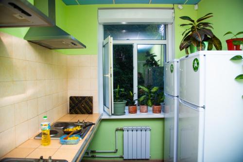 モスクワにあるHotelHot Perovoの緑の壁のキッチン(白い冷蔵庫付)