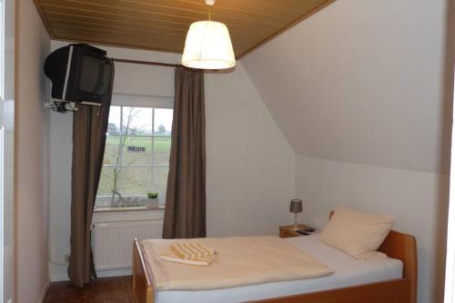 Schlafzimmer mit einem Bett, einem TV und einem Fenster in der Unterkunft Landhaus Holthausen in Werne an der Lippe
