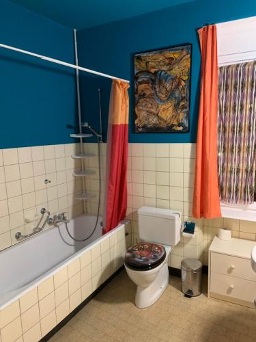 a bathroom with a toilet and a bath tub at CASA DOYA - Appartamento vintage in Muralto