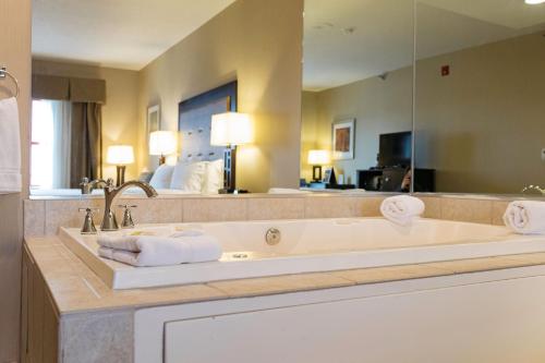 y baño con bañera grande y espejo grande. en Holiday Inn Express & Suites - Olathe North, an IHG Hotel, en Olathe